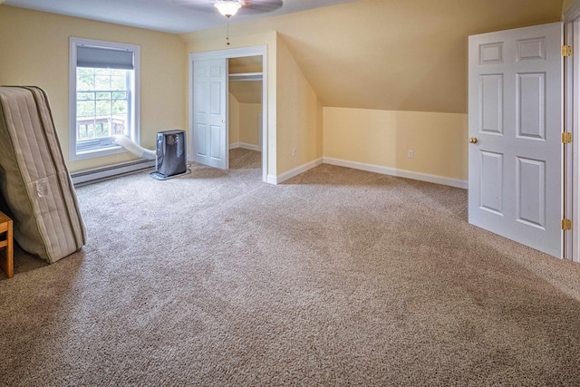 203 Blackwater Rd, Somersworth, NH 03878 - bonus room featuring a baseboard radiator, carpet, ceiling fan, and lofted ceiling