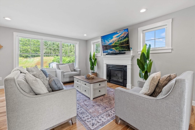 16 Daniels Dr, Lee, NH 03861 - living area featuring light wood-type flooring, a glass covered fireplace, and recessed lighting