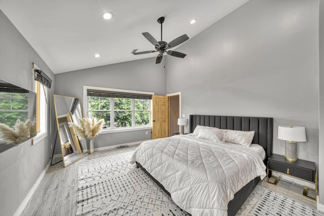 86 Chestnut St, Claremont, NH 03743 - bedroom with recessed lighting, wood finished floors, ceiling fan, and high vaulted ceiling