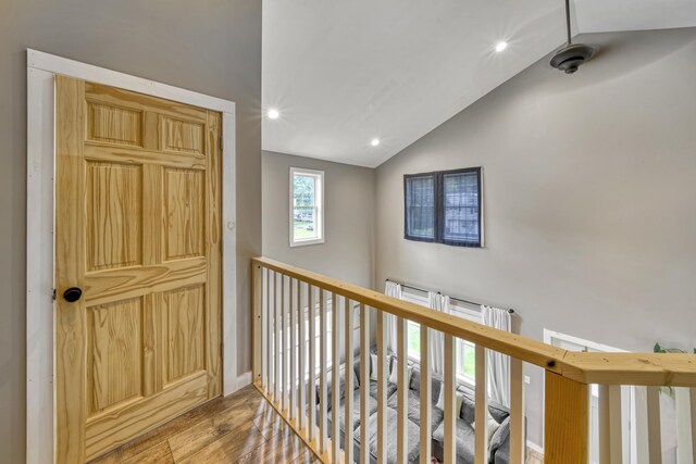 86 Chestnut St, Claremont, NH 03743 - hall featuring wood finished floors, recessed lighting, and vaulted ceiling