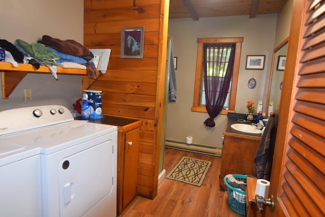 2054 Whitefield Rd, Bethlehem, NH 03574 - washroom featuring baseboard heating, light wood finished floors, independent washer and dryer, and wooden ceiling