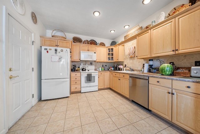 34 Mammoth Rd Unit 1, Hooksett, NH 03106 - kitchen featuring white appliances, light brown cabinetry, light tile patterned floors, and recessed lighting