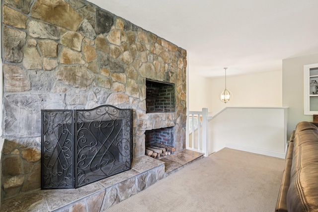 20 Meadow Ln, Atkinson, NH 03811 - unfurnished living room featuring a stone fireplace and carpet floors