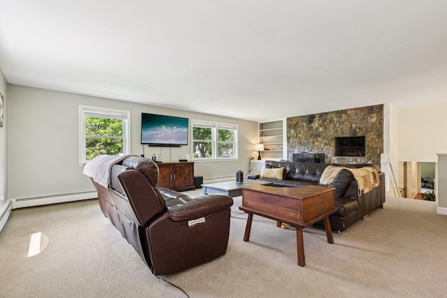 20 Meadow Ln, Atkinson, NH 03811 - living room with a baseboard radiator, light carpet, a fireplace, baseboard heating, and built in features