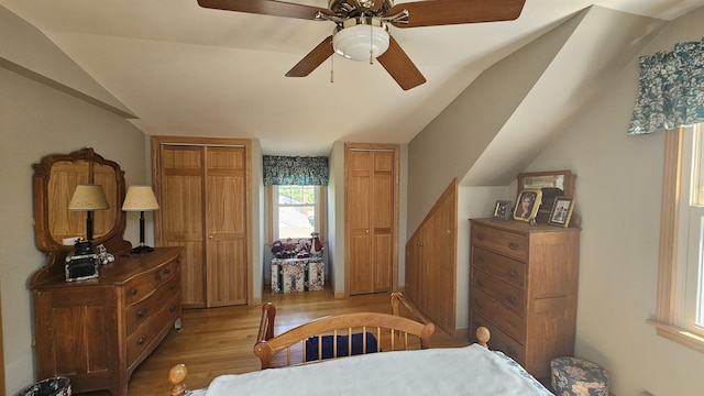 18 Cross St, Allenstown, NH 03275 - bedroom featuring vaulted ceiling, light wood-style floors, two closets, and a ceiling fan