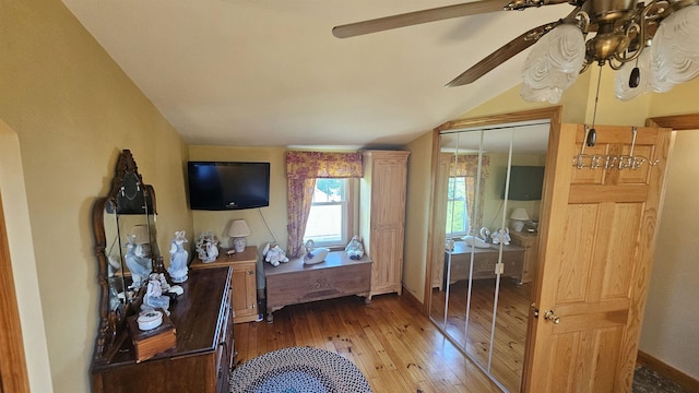 18 Cross St, Allenstown, NH 03275 - living room featuring light wood-type flooring, lofted ceiling, and ceiling fan