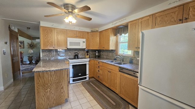 18 Cross St, Allenstown, NH 03275 - kitchen featuring white appliances, tasteful backsplash, light tile patterned floors, and a ceiling fan