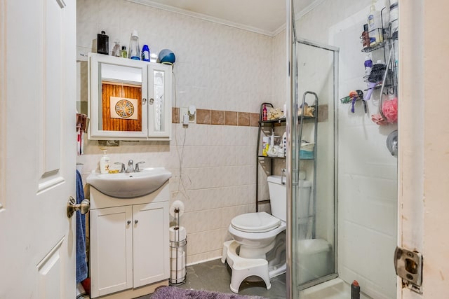 8 Myrtle St, Somersworth, NH 03878 - full bathroom with tile walls, ornamental molding, vanity, a stall shower, and tile patterned flooring