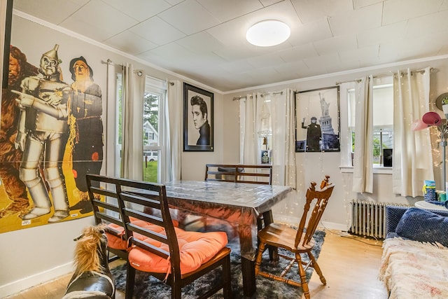 8 Myrtle St, Somersworth, NH 03878 - dining area featuring ornamental molding, wood finished floors, and radiator heating unit