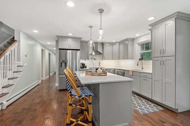 23 Rockrimmon Rd, North Hampton, NH 03862 - kitchen featuring gray cabinetry, stainless steel appliances, wall chimney range hood, and recessed lighting