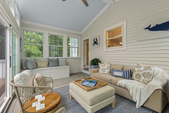 23 Rockrimmon Rd, North Hampton, NH 03862 - sunroom / solarium featuring outdoor lounge area, lofted ceiling, and a ceiling fan