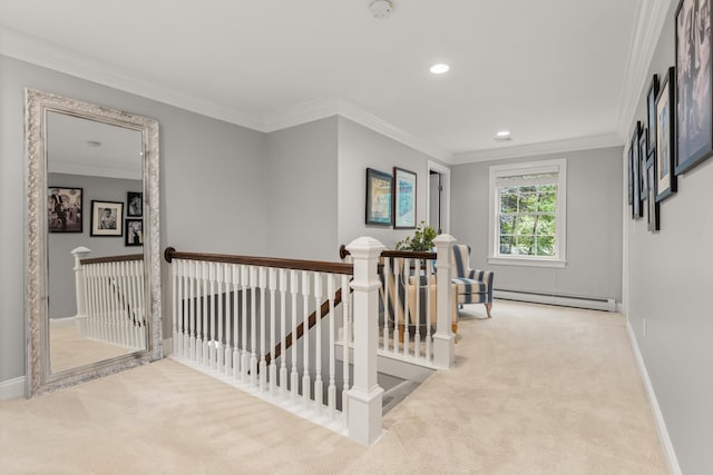 23 Rockrimmon Rd, North Hampton, NH 03862 - corridor featuring an upstairs landing, carpet floors, a baseboard radiator, crown molding, and recessed lighting