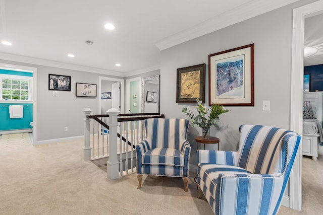 23 Rockrimmon Rd, North Hampton, NH 03862 - living area featuring light carpet, crown molding, recessed lighting, an upstairs landing, and baseboard heating