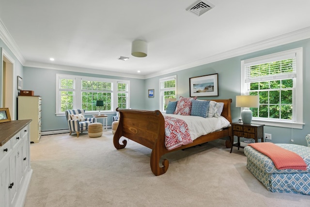 23 Rockrimmon Rd, North Hampton, NH 03862 - bedroom with light colored carpet, ornamental molding, baseboard heating, and recessed lighting