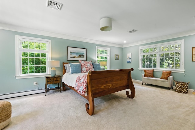 23 Rockrimmon Rd, North Hampton, NH 03862 - bedroom featuring ornamental molding, a baseboard radiator, and carpet flooring