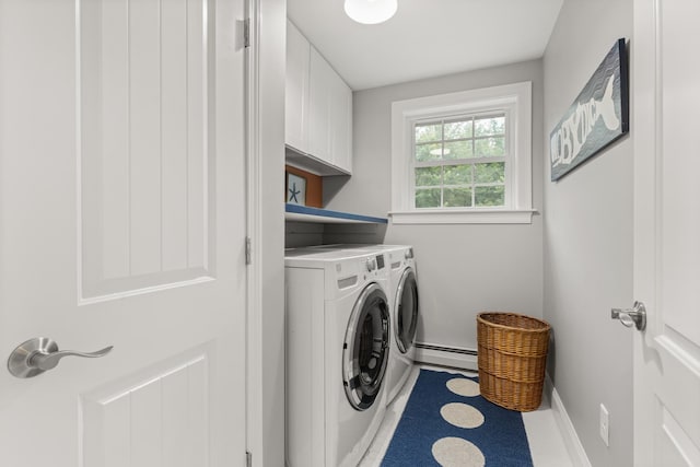 23 Rockrimmon Rd, North Hampton, NH 03862 - laundry area featuring independent washer and dryer, cabinet space, and baseboard heating