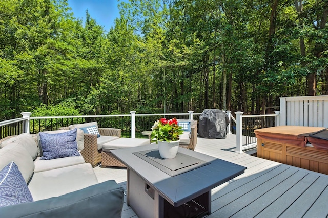 23 Rockrimmon Rd, North Hampton, NH 03862 - deck featuring an outdoor living space, a covered hot tub, grilling area, and a view of trees