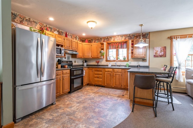 15 Baptist Hill Rd, Canterbury, NH 03224 - kitchen with stainless steel appliances, plenty of natural light, open shelves, dark countertops, and recessed lighting