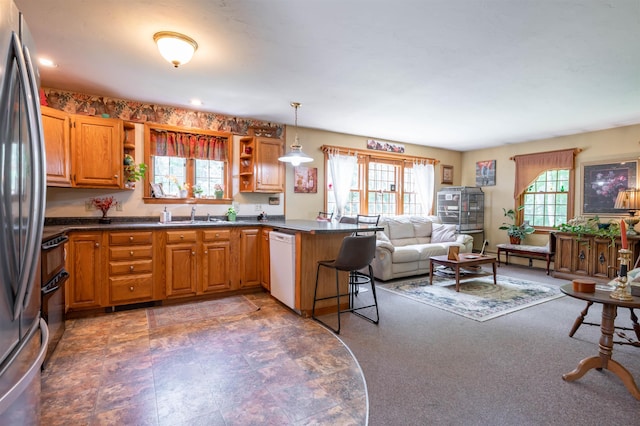 15 Baptist Hill Rd, Canterbury, NH 03224 - kitchen with open shelves, freestanding refrigerator, dark countertops, and white dishwasher
