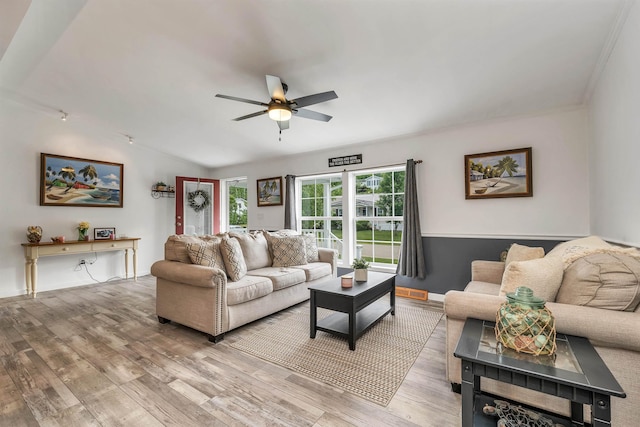 638 Benton Dr, Laconia, NH 03246 - living room with a ceiling fan, light wood-style floors, and lofted ceiling
