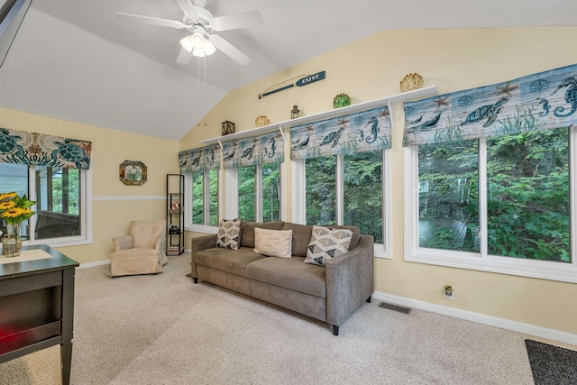 638 Benton Dr, Laconia, NH 03246 - living room with vaulted ceiling, carpet, and ceiling fan