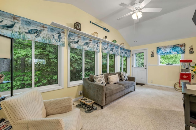638 Benton Dr, Laconia, NH 03246 - living room with vaulted ceiling, a ceiling fan, and carpet