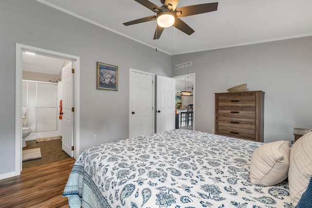 638 Benton Dr, Laconia, NH 03246 - bedroom featuring wood finished floors, ornamental molding, ceiling fan, and ensuite bathroom