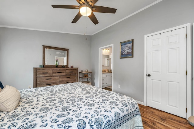 638 Benton Dr, Laconia, NH 03246 - bedroom featuring wood finished floors, ornamental molding, a ceiling fan, and ensuite bath
