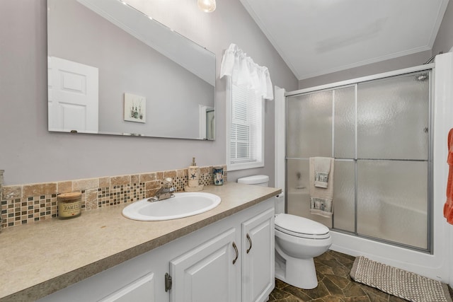 638 Benton Dr, Laconia, NH 03246 - full bath with vanity, a shower stall, backsplash, and stone finish flooring