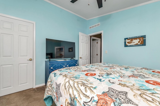 638 Benton Dr, Laconia, NH 03246 - bedroom with ornamental molding, carpet, and a ceiling fan