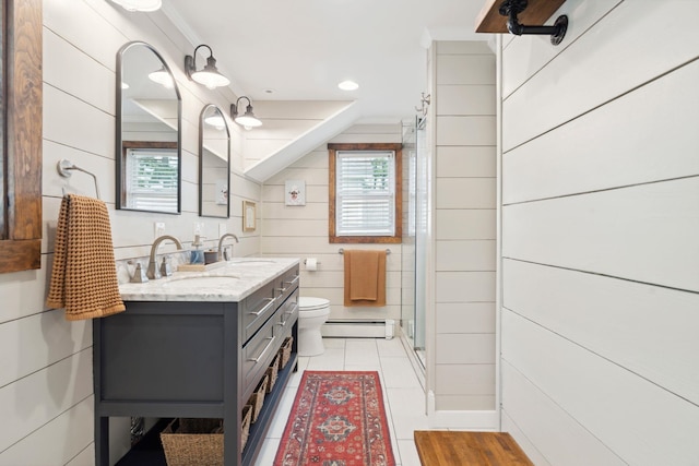 161 Micah Ter, Milton, NH 03851 - full bath with baseboard heating, double vanity, a stall shower, tile patterned flooring, and recessed lighting