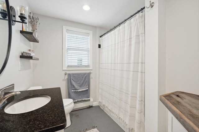 161 Micah Ter, Milton, NH 03851 - full bath with a baseboard radiator, vanity, tile patterned flooring, a shower with curtain, and recessed lighting