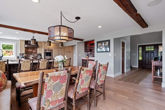 15 Glade Cir, Campton, NH 03223 - dining area with beamed ceiling, light wood-type flooring, recessed lighting, and beverage cooler