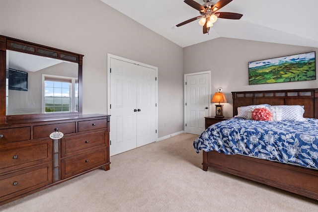 15 Glade Cir, Campton, NH 03223 - bedroom with light colored carpet, lofted ceiling, and ceiling fan