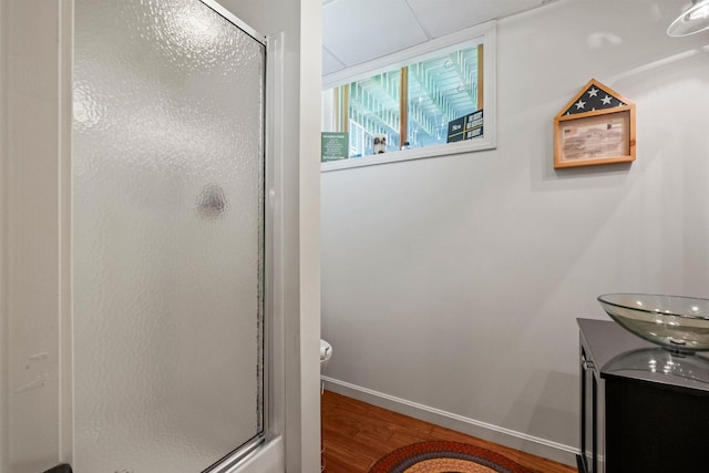15 Glade Cir, Campton, NH 03223 - bathroom featuring a stall shower, wood finished floors, and vanity