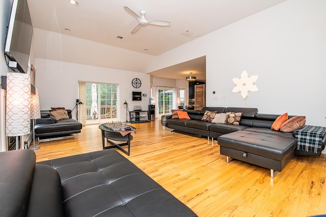 53 Lollypop Ln, Danville, NH 03819 - living area with wood finished floors, ceiling fan, lofted ceiling, and recessed lighting