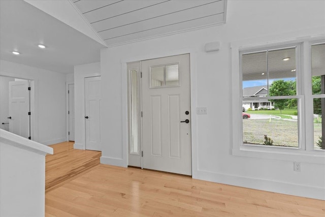 29 Taft St, Essex Junction, VT 05452 - foyer entrance featuring light wood-style floors, vaulted ceiling, and recessed lighting