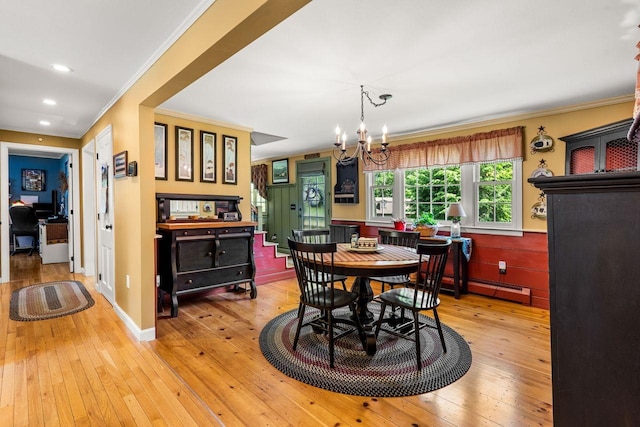9 Jade Rd, Merrimack, NH 03054 - dining area featuring ornamental molding, a chandelier, light wood-style floors, recessed lighting, and baseboard heating