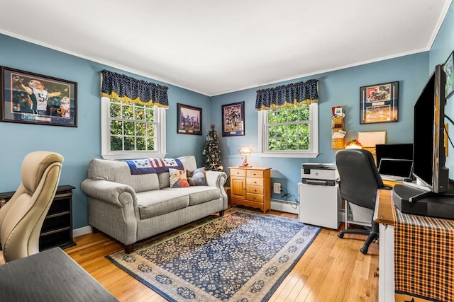 9 Jade Rd, Merrimack, NH 03054 - office with plenty of natural light, light wood-style floors, ornamental molding, and a baseboard radiator