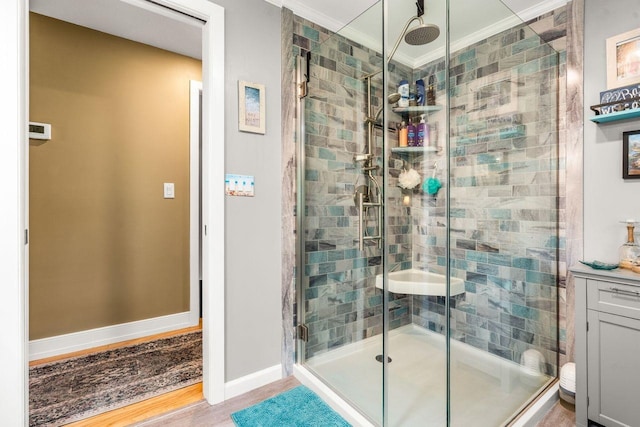 9 Jade Rd, Merrimack, NH 03054 - full bathroom with crown molding, a stall shower, wood finished floors, and vanity