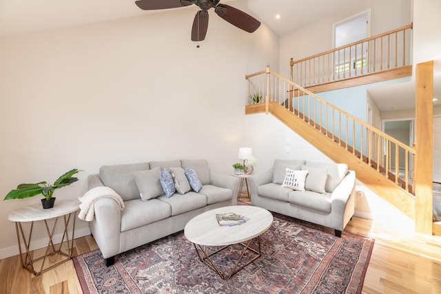 5 Golf Vw Unit B, Laconia, NH 03246 - living area with wood finished floors, a high ceiling, stairs, ceiling fan, and recessed lighting