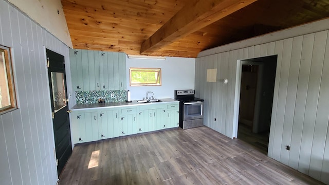 10 Crescent Dr, Barnstead, NH 03225 - kitchen with stainless steel range with electric cooktop, wooden walls, light wood-style floors, wooden ceiling, and light countertops