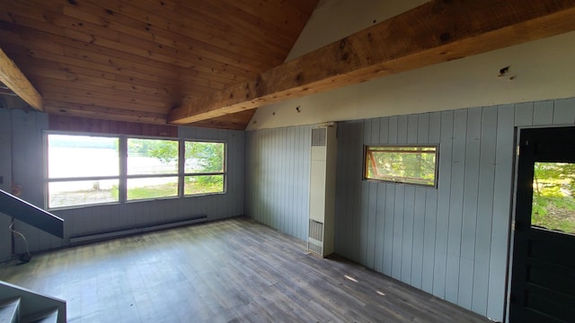 10 Crescent Dr, Barnstead, NH 03225 - empty room featuring a baseboard heating unit, wood finished floors, lofted ceiling, a heating unit, and wooden walls