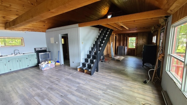 10 Crescent Dr, Barnstead, NH 03225 - living room with stairway, wood finished floors, wooden walls, and wood ceiling