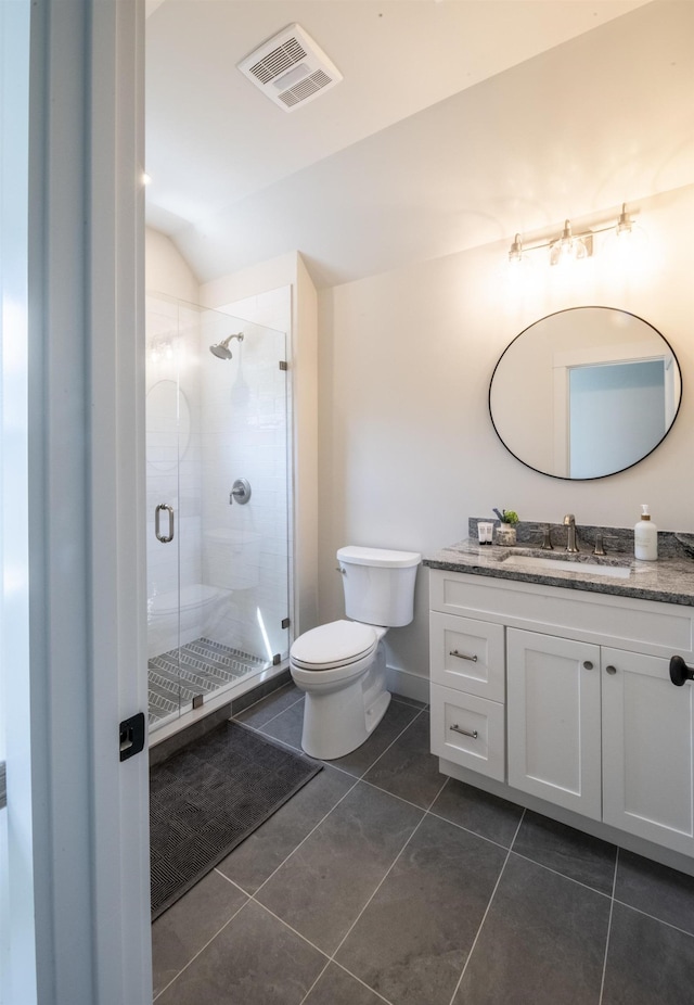 109 Weirs Blvd Unit 9, Laconia, NH 03246 - bathroom featuring vanity, a shower stall, tile patterned flooring, and lofted ceiling