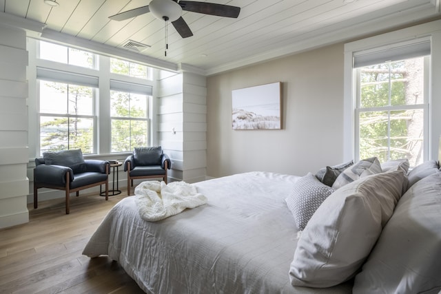 109 Weirs Blvd Unit 9, Laconia, NH 03246 - bedroom featuring wood-type flooring, wood ceiling, ornamental molding, and a ceiling fan
