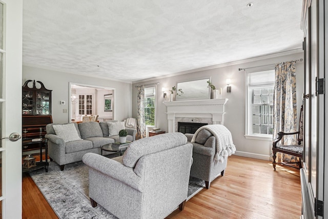 27 Olde Common Dr, Atkinson, NH 03811 - living area featuring plenty of natural light, light wood-type flooring, a fireplace, and ornamental molding
