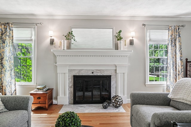27 Olde Common Dr, Atkinson, NH 03811 - living room with wood finished floors, a premium fireplace, healthy amount of natural light, and crown molding