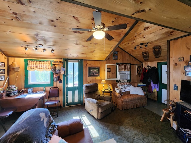 106 Nanas Ln, Concord, VT 05824 - living area with wooden ceiling, wooden walls, lofted ceiling, ceiling fan, and cooling unit