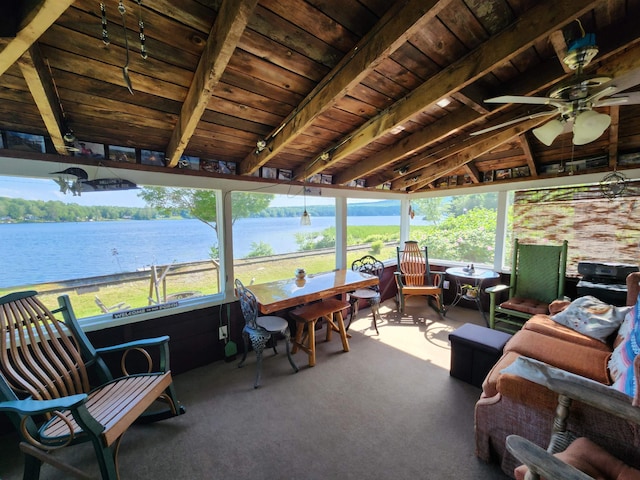 106 Nanas Ln, Concord, VT 05824 - sunroom / solarium featuring a ceiling fan, outdoor dining area, track lighting, and a water view